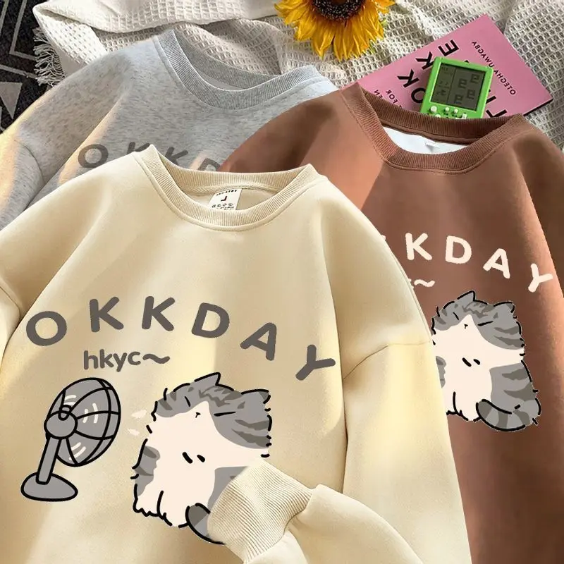 

Round Neck Hoodie for Men and Women Pure Cotton Cat Casual Long Sleeved T-shirt Spring and Autumn Loose and Versatile Top Ins