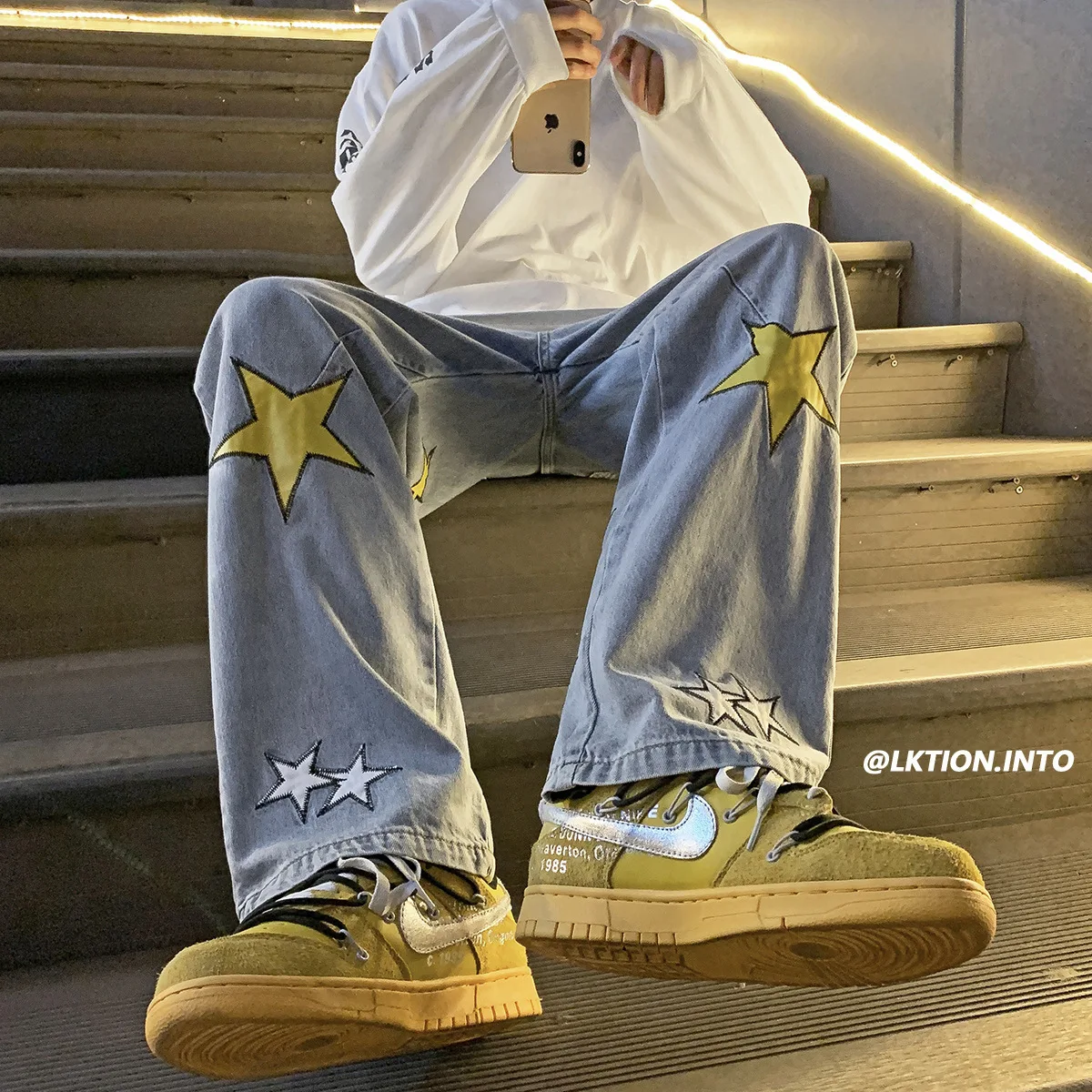Hip Hop Handsome Man Five-Pointed Star Embroidered Jeans Tide Loose Casual Trousers Youth Straight-Leg Pants Boys and Girls