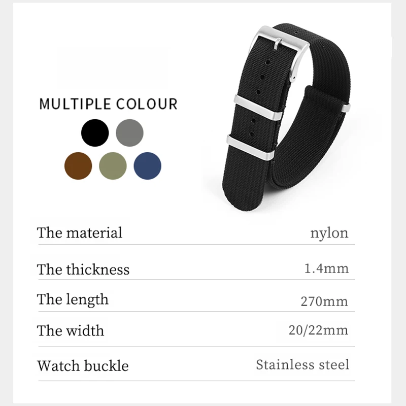 나일론 시계 스트랩 20mm 22mm 리브드 시계 밴드 교체 남성용 손목