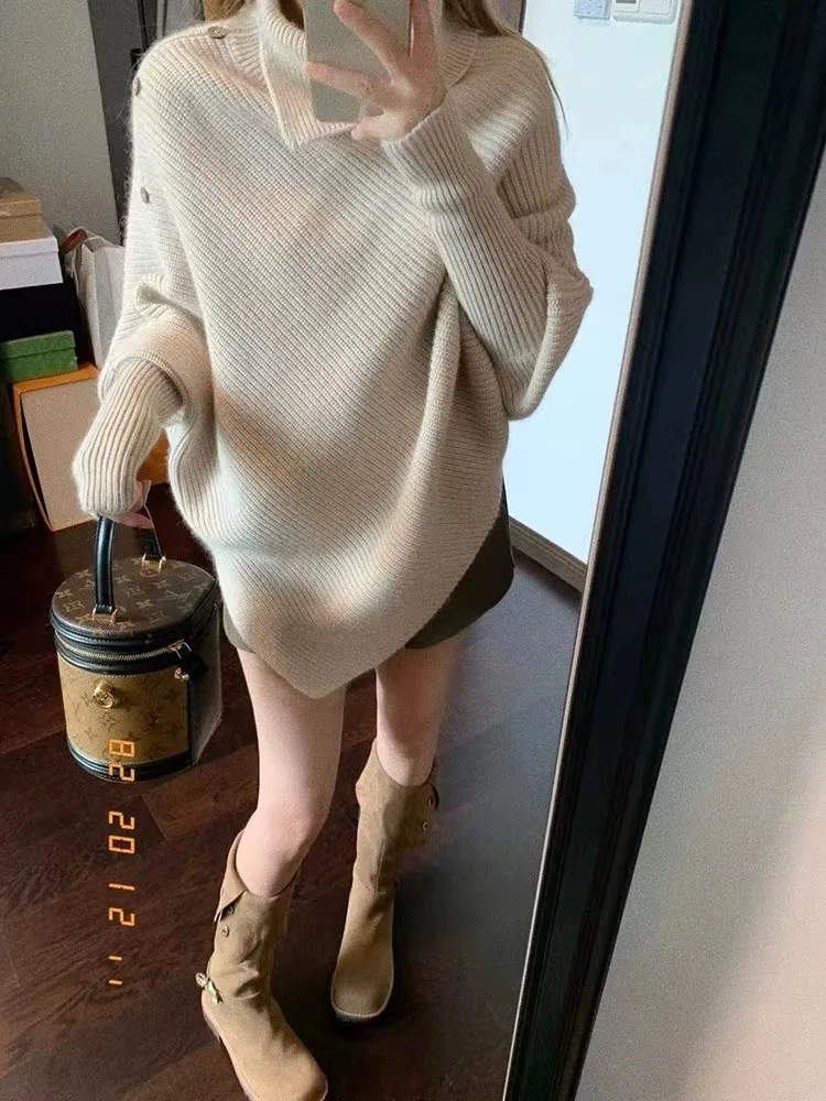 

ADAgirl Irregular Oversized Sweater Women Button Turtleneck Batwing Sleeve Knitwear Pullovers Design Loose Casual Winter Clothes