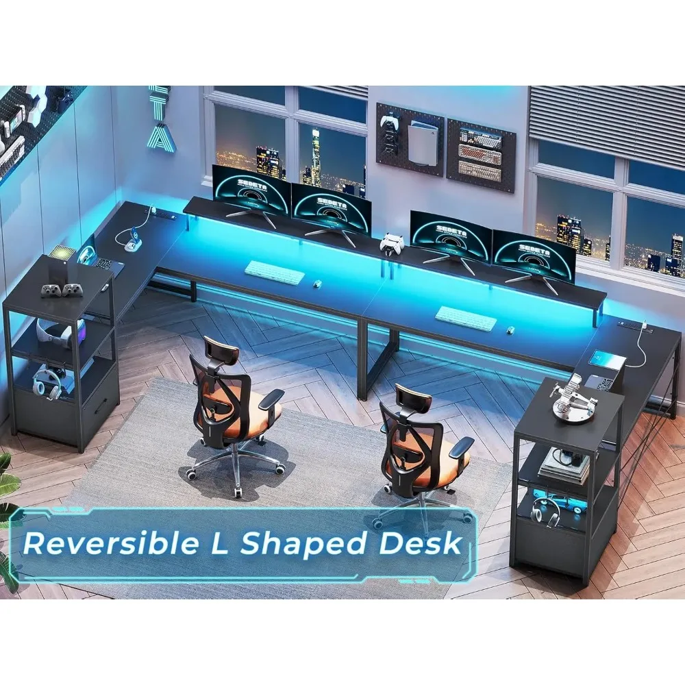 L Shaped Gaming Desk, 51" Computer Desk with Storage Shelves, Gamer Desk with Power Outlets & LED Lights,Black 2