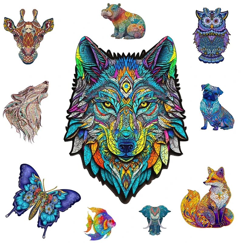 Unique Wooden Animal Jigsaw Puzzles Mysterious wolf Puzzle Gift For Adult Kids Family Interactive Games Brain Trainer DIY Toy