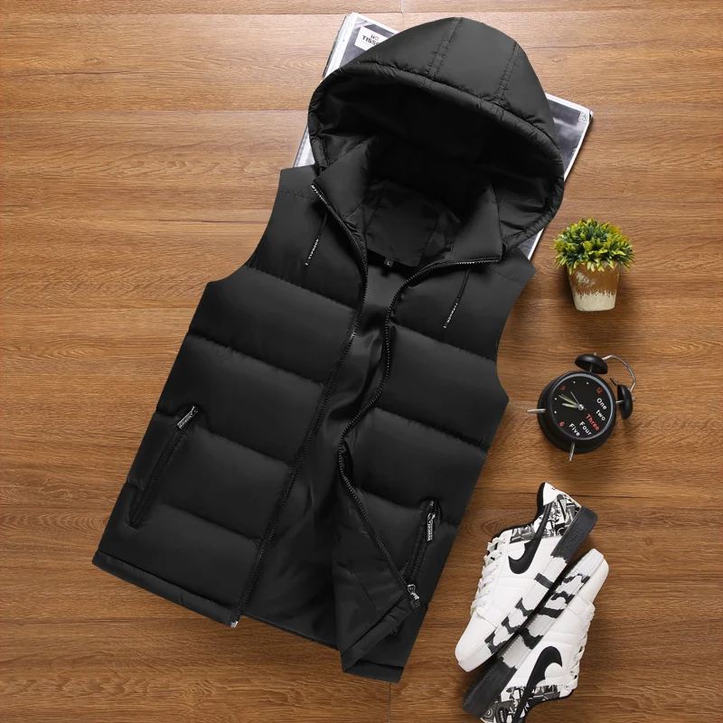 Men Jacket Vest Sleeveless Jacket Men Down Thick Hooded Coats Homme