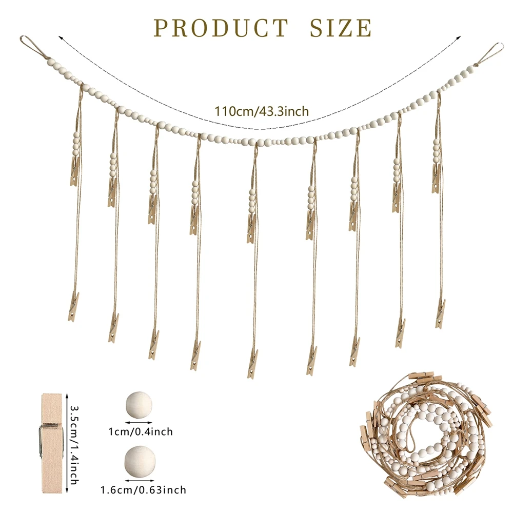 DIFLAX Hängendes Foto Display Mit 18 Clips - Boho Wanddekor Mit Holzperlen 110 Cm