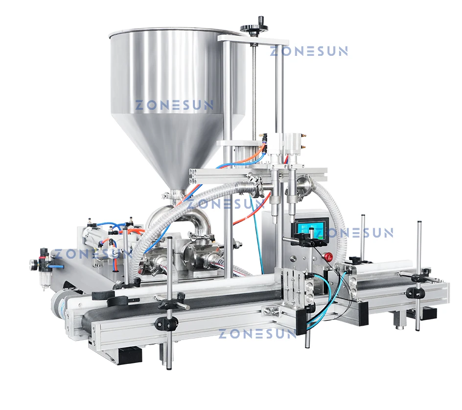 ZONESUN ZS-DTGT2 Automatic Pneumatic Double Head  Honey Paste Filling Machine with Conveyor