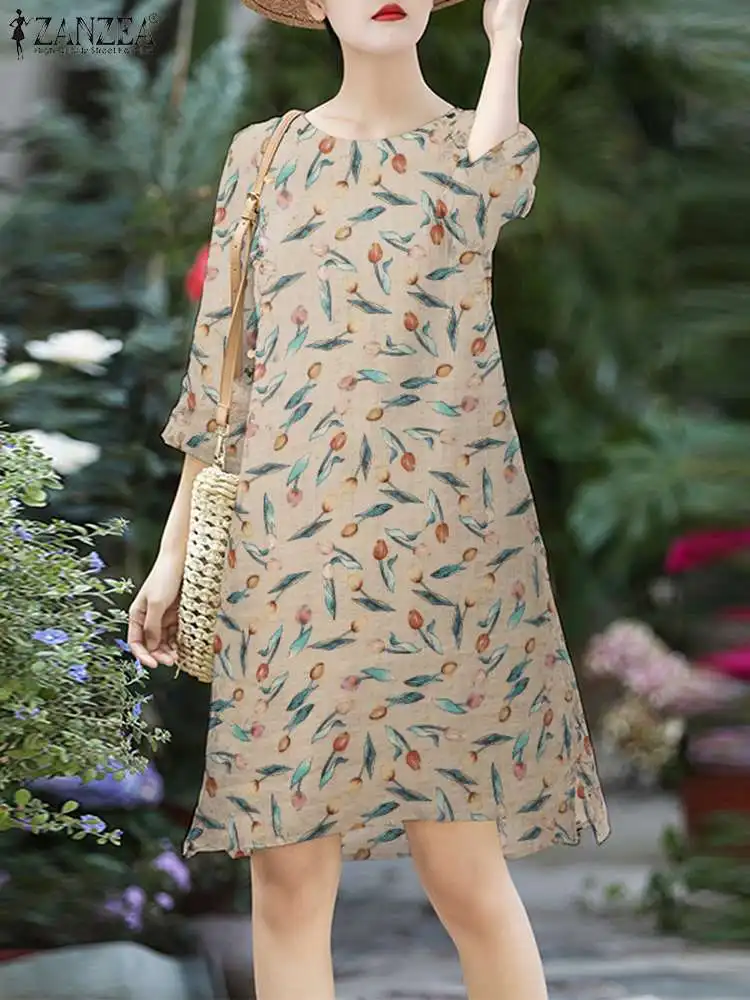 

ZANZEA 2023 Summer Casual Long Dress Elegant Women Midi Dress Holiday Crew neck Sundress Loose 3/4 Sleeve Floral Printed Robes
