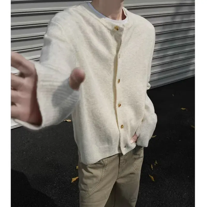 Moccasin Cream round Neck Open Cardigan Sweater Men Winter Lazy Style Knitted Short American Cleanfit Jacket Male Crew Neck