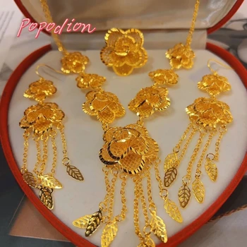 Dubai 24K Gold Plated Flower Shaped Earrings Necklace Women's Ring Wedding Jewelry Three Piece Set