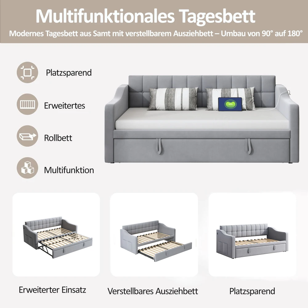 Gepolstertes Bett, Schlafsofa, Multifunktions-Schlafsofa, 90 x 180 x 190 cm, hellgraues, mit Samt gepolstertes Bett mit Steckdose und Aufbewahrungstasche – Detail 9