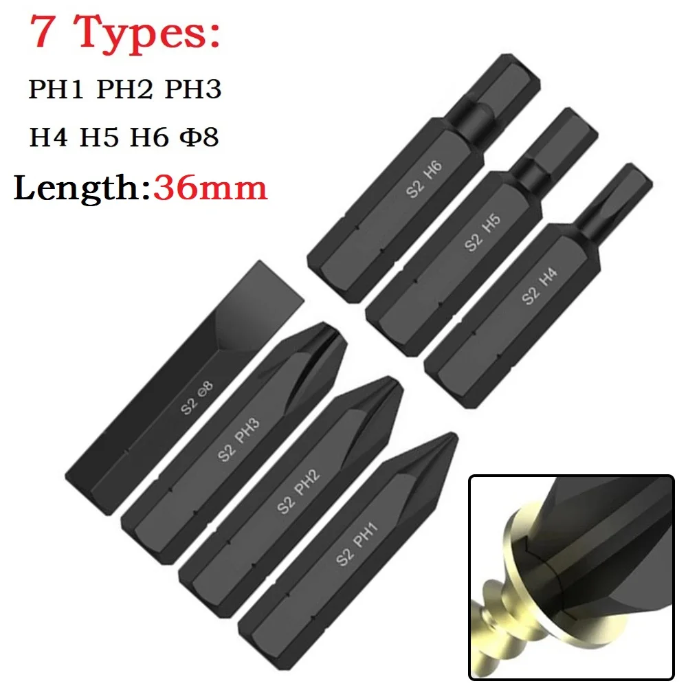 

7pcs Impact Electric Cross Screwdriver Bits Magnetic 36mm Hex Shank PH1 PH2 PH3 H4 H5 H6 Slotted Drill Bit 8mm For Impact Driver