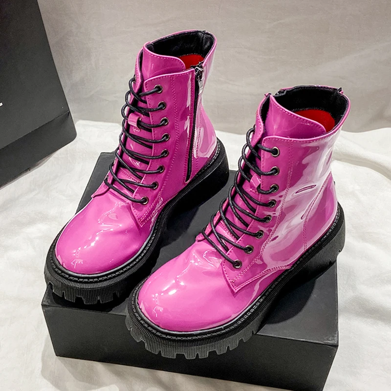 

Fashion Patent Leather Motorcycle Boots for Women New Autumn Platform Ankle Boots Woman Lace-Up Non-Slip Cool Punk Botas Mujer