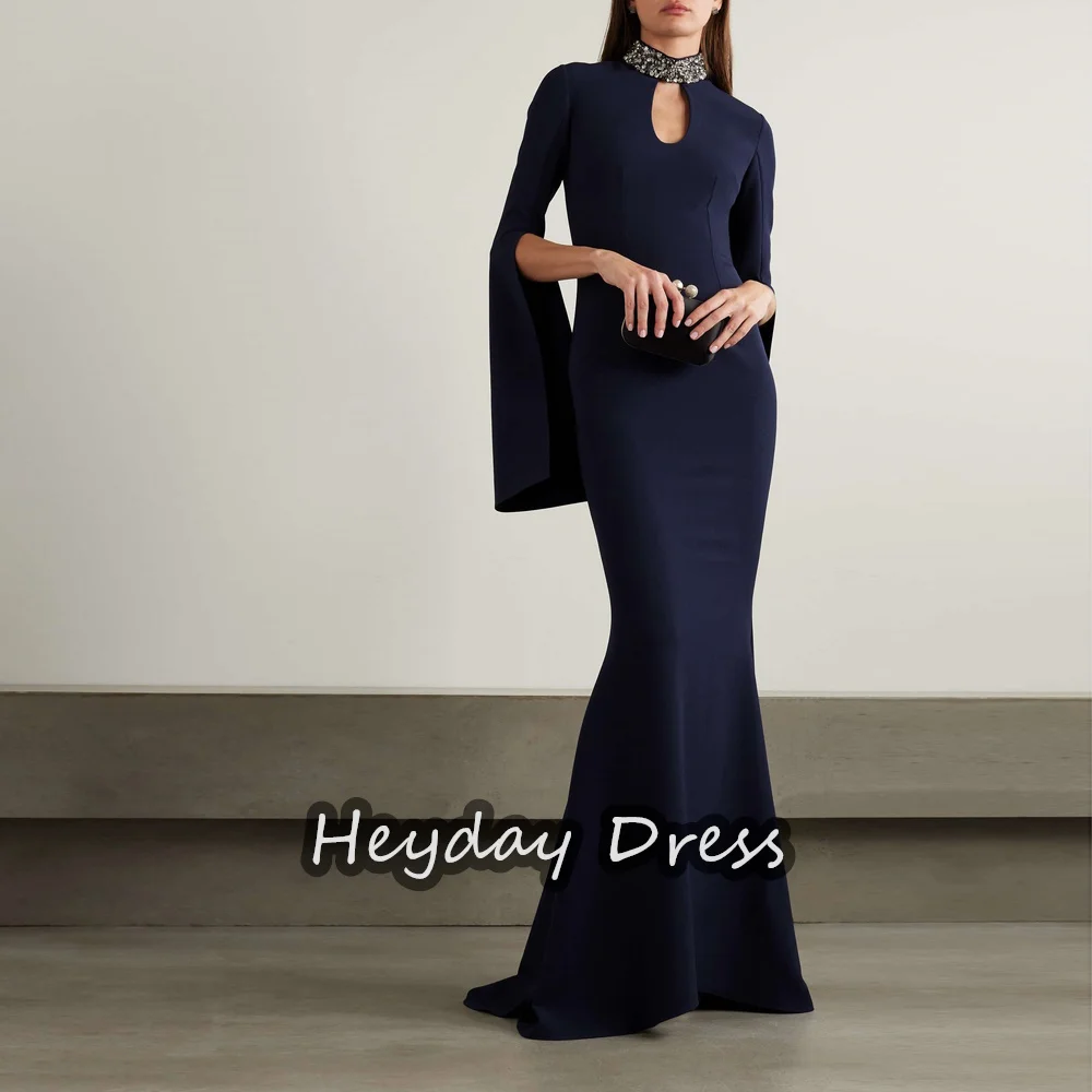 

Heyday Crepe Mermaid O-neck Beading Simple Prom Gown Floor Length Long Sleeves Formal Evening Party Dresses For Women 2023