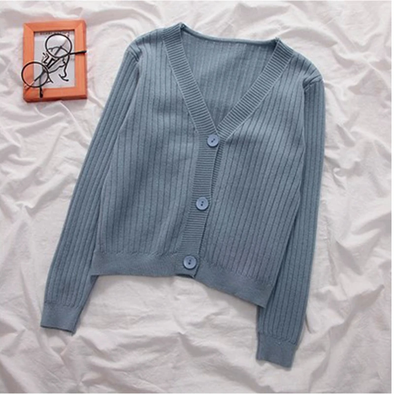 Women Long Sleeve Cropped Cardigan Ribbed Knitted V-Neck Button Down Thin Sweater for Jacket Multi Plain Solid Knitwear