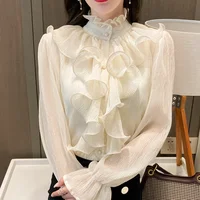 NEW High Quality Vintage Ruffles Clothes Lace Blouse Women Spring Collar White Chiffon Shirt Long Puff Sleeve Loose Tops Elegant - Image 3