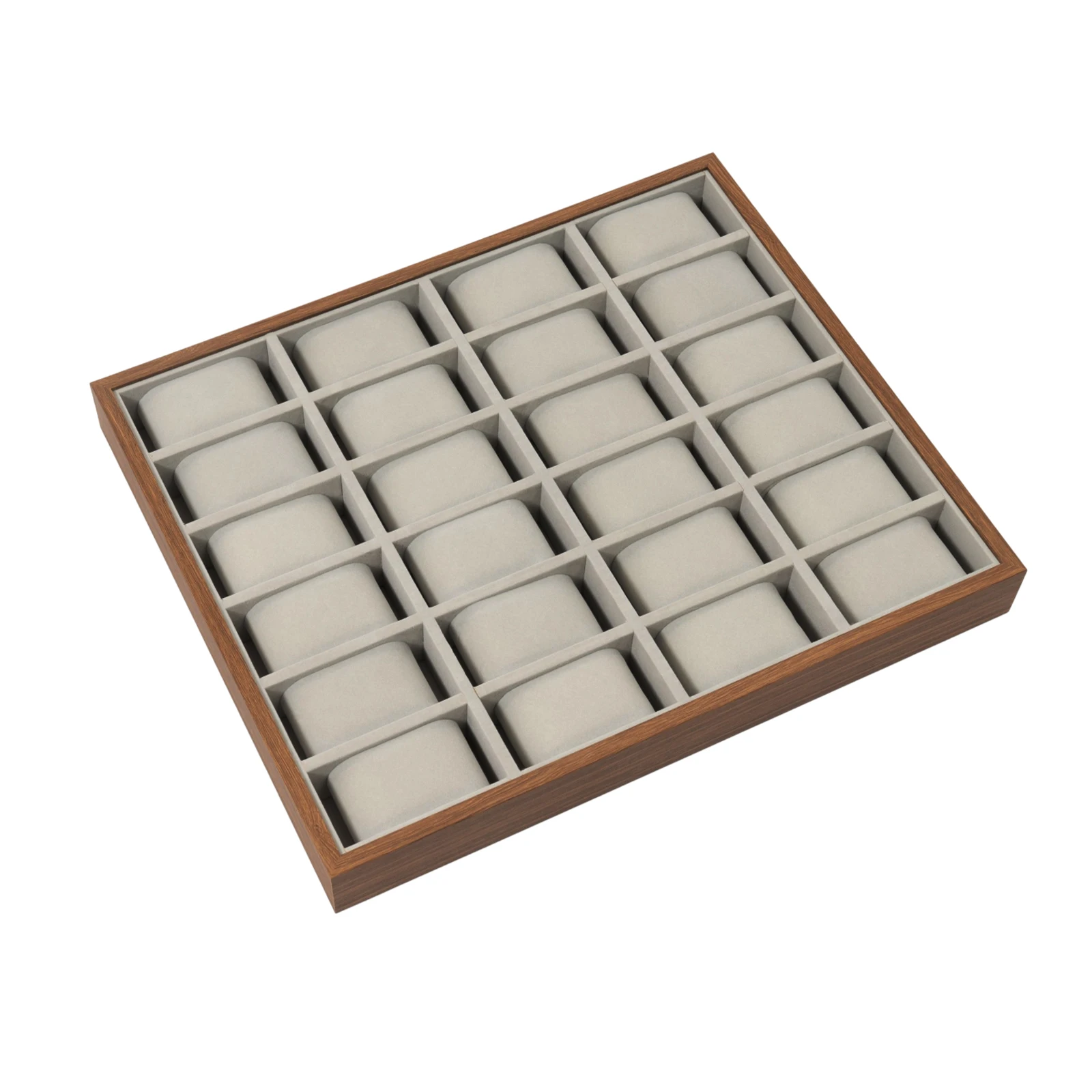 24 Compartments Watch Storage Box Display Cas Walnut Grain, Flannelette Lining, Removable Pillows, Semi-Open, Grey