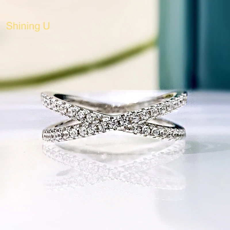 

Shining U S925 Silver Full Simulated Diamond Gems Intersect Ring Fine Jewelry for Women Anniversary