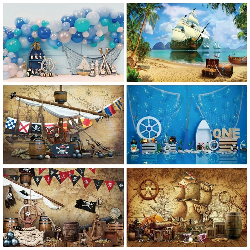 

Nautical Pirate Shop Backdrop Baby Birthday Photocall Sailboat Starfish Treasure Map Photography Backgroud Photo Sailor Portrait