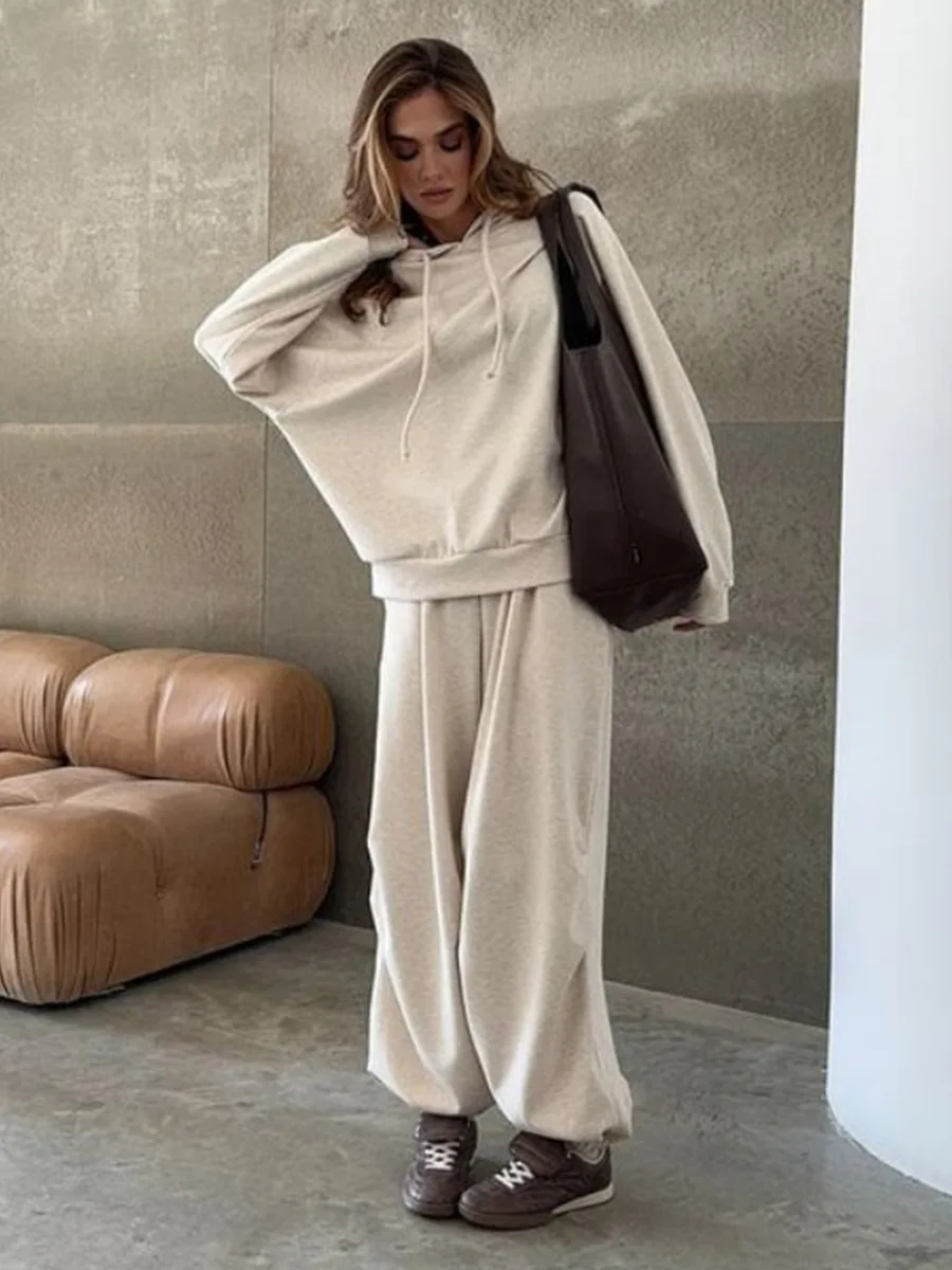 Bornladies Autumn Winter Soft Hoodie Set Women's Drop Shoulder Loose Hoodie Relaxed Pullover Long Pants Set