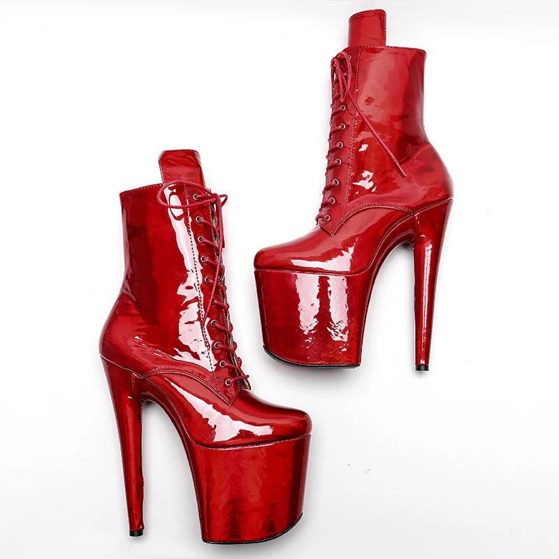 Leecabe  Shinny RED PU 20CM/8inches Pole dancing shoes High Heel platform Boots closed toe Pole Dance boots
