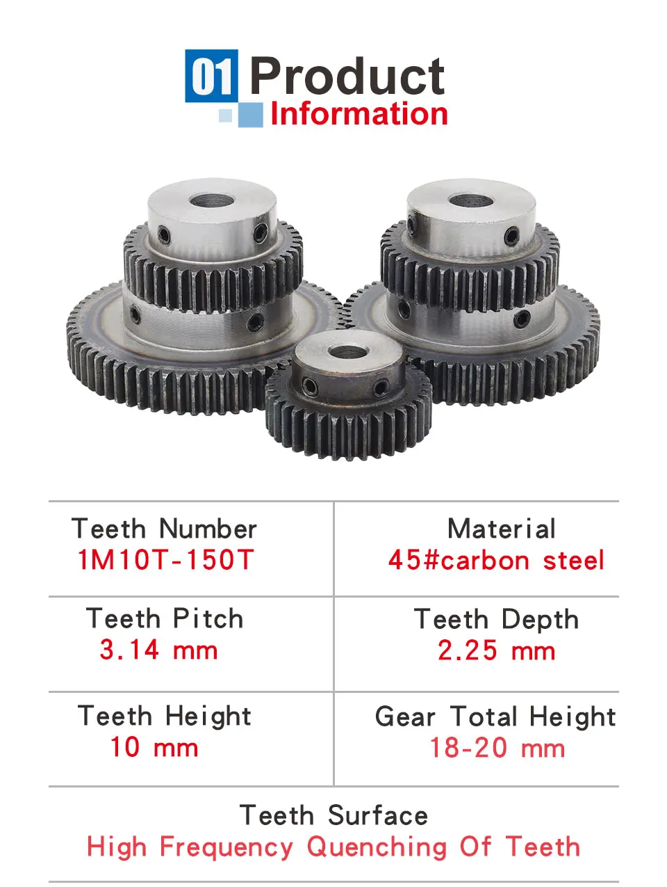 Description Picture 3 of item1 Piece 1M45T Spur Gear Bore Size  6/8/10/12/16 mm Motor Gear Low Carbon Steel Material High Quality Metal Gear For Motor