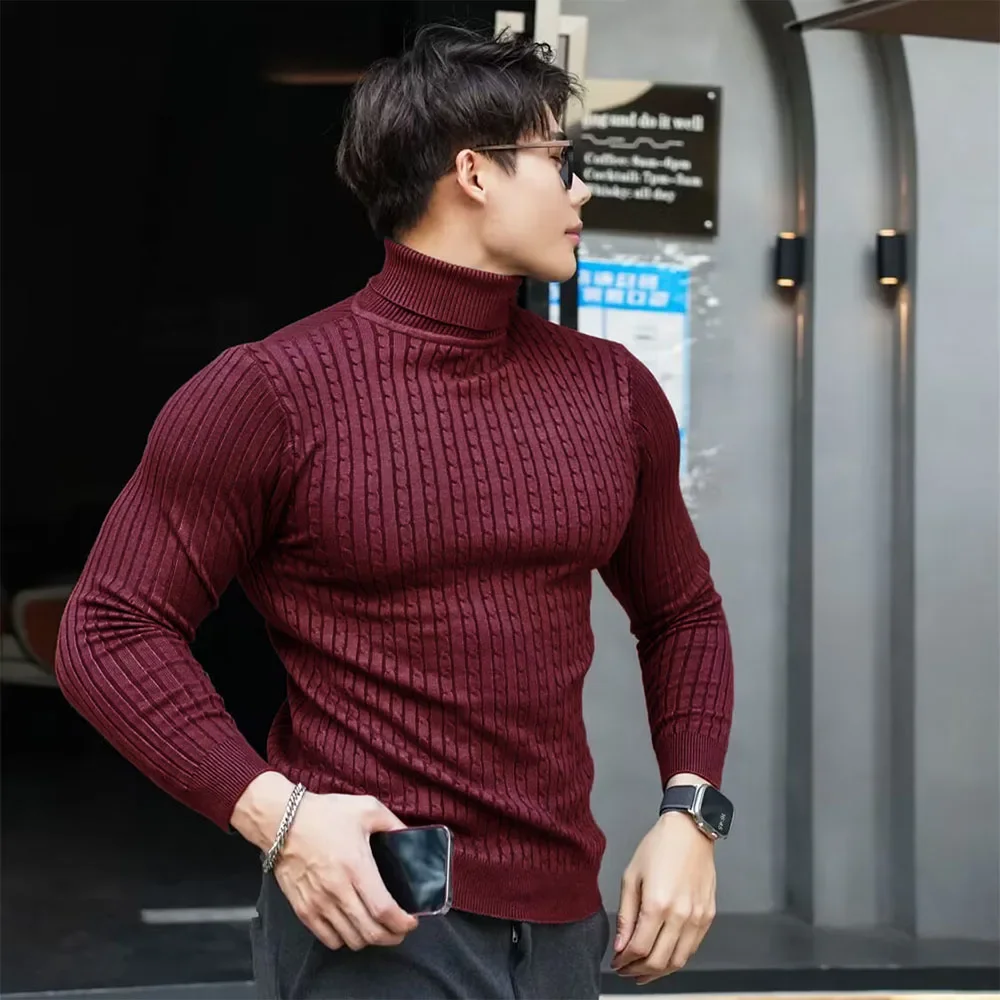 New Men's Turtleneck Sweaters Autumn Knitted Striped Streetwear Warm Long Sleeved Pullover Solid Color Basic Style Casual Tops 2