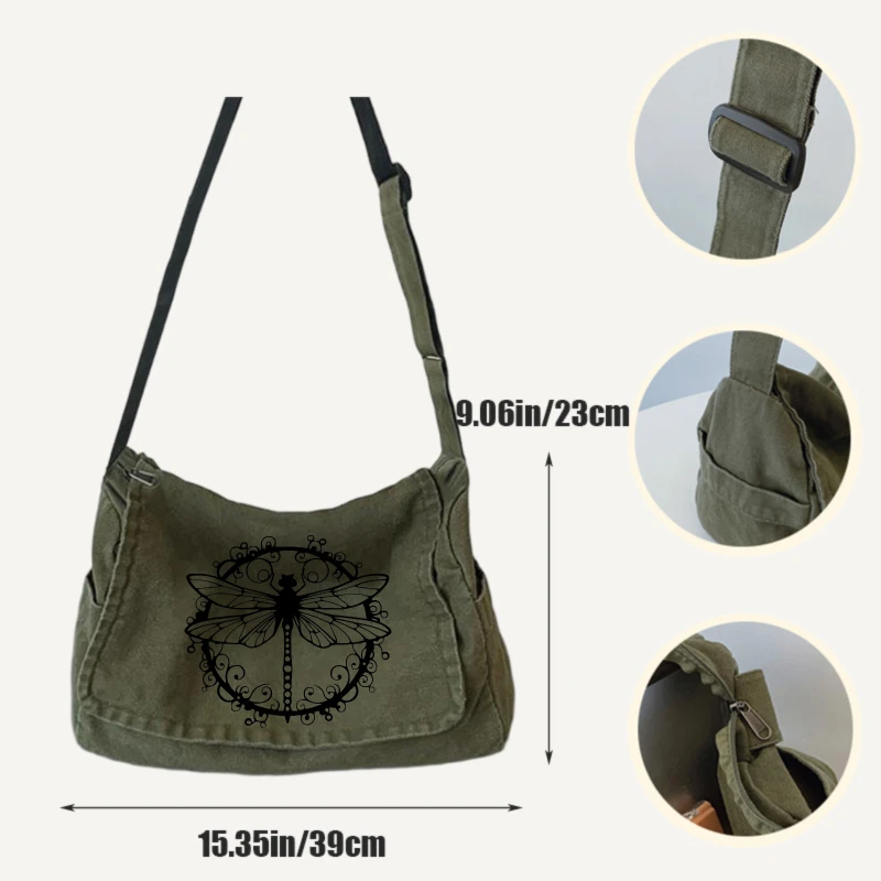 Vintage Women's Bag Dragonfly Pattern Canvas Shoulder Bag Large Capacity Female Tote Crossbody Laptop Bag Commuting