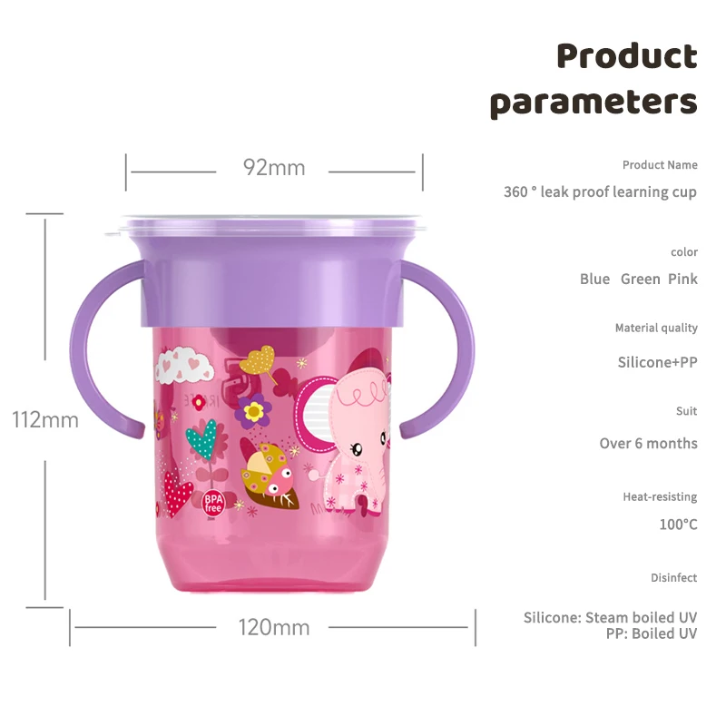360 Rotated Cartoon Baby Learning Drinking Cup with Double Handle Flip Lid Leakproof Infants Water Cups Bottle BPA Free 4