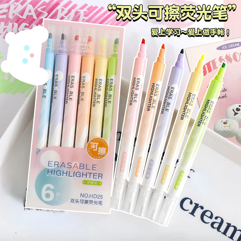 지워지는 하이라이터 펜 마커, 이중 헤드 형광 펜, 아트 드로잉 낙서 마킹, 학교 사무실 문구, 6 개