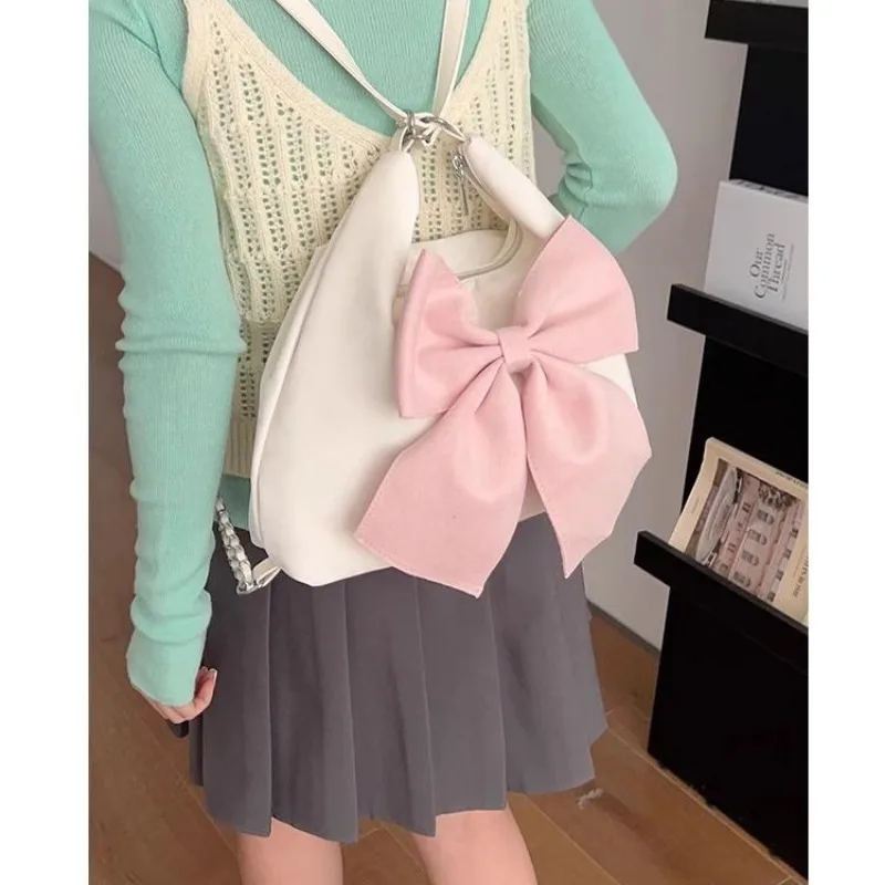 Xiuya Pink Bow Womens Shoulder Bag Korean Style Fashion Large Capacity Sweet Backpack Cute Exquisite Elegant New Female Tote Bag