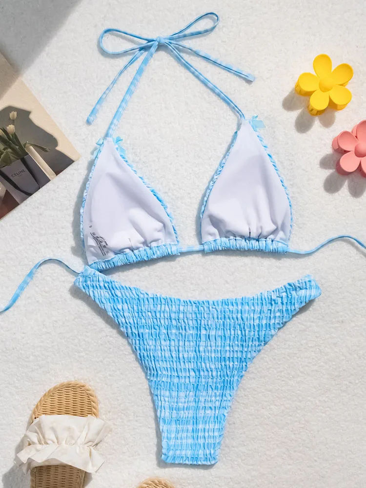 Swimwear VigoBreviya Sexy Plaid Print Women Tied Halter Bikini Set Brazilian Lady Swimsuit High Cut Push Up Beach Bath Suit