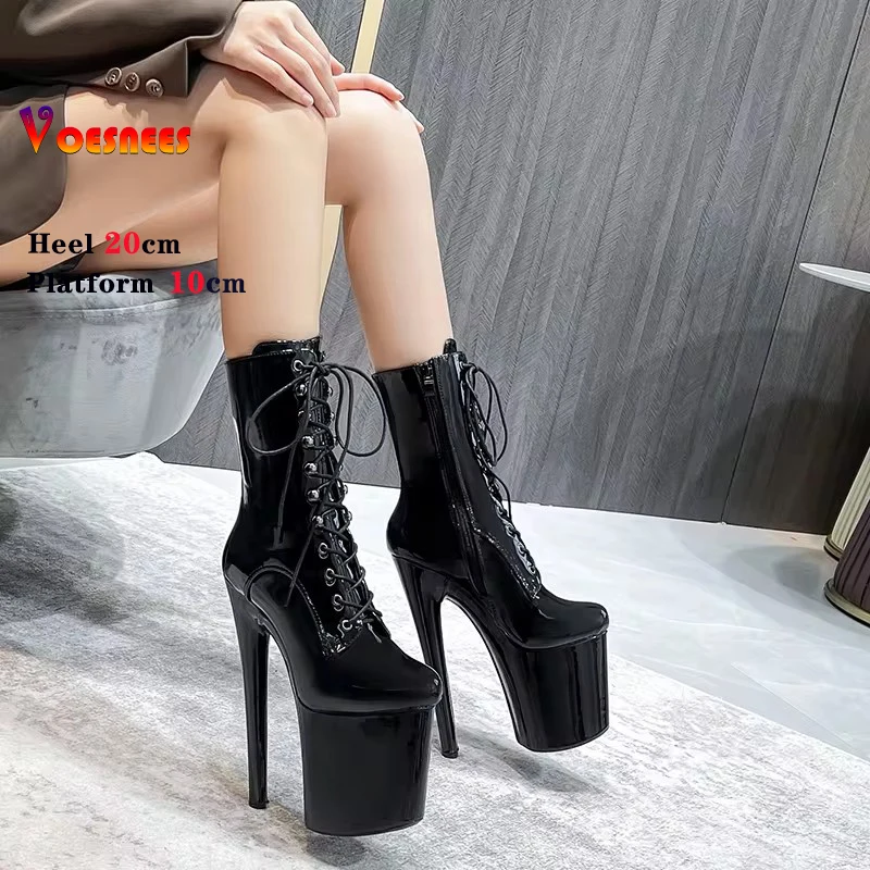 20cm 8inchs Ultra-high Heels Women Boots Stage Steel Pole Dance Shoes Platform Zipper Lace-up Ankle Boots