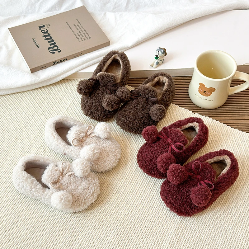 Girls Fuzzy Winter Shoes with Plush Ball Soft Sole