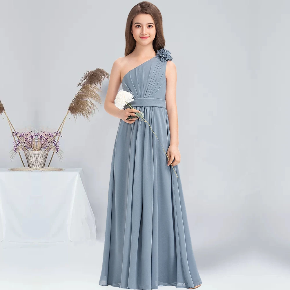 A-line abito da damigella d'onore Junior in Chiffon lungo fino al pavimento con fiore Dusty Blue Flower Girl Dress Party per bambini da sposa