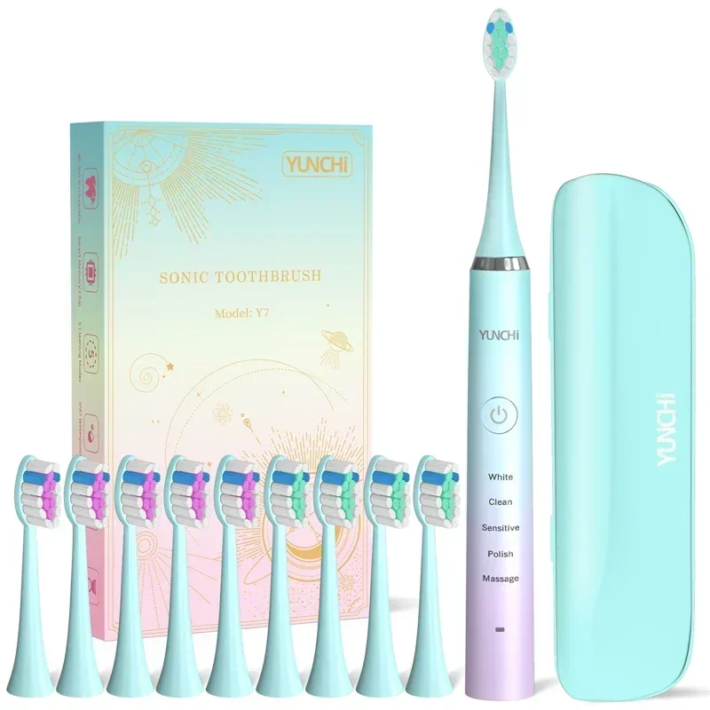USB 충전식 소닉 전동 칫솔 Y7, IPX7 방수, 5 가지 모드, 스마트 타이머, 부드러운 강모 브러시 헤드, 성인 여행 상자