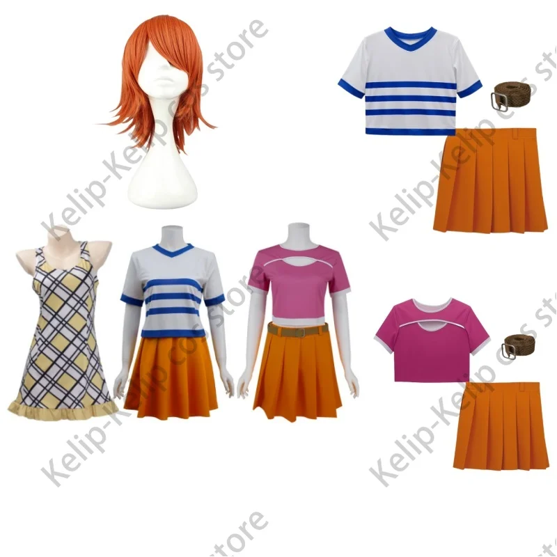 

Костюм для косплея из мультфильма Nami, косплей, маленький кот-вор, желтая решетка, платье без рукавов, парик, женский сексуальный костюм на карнавал, Хэллоуин