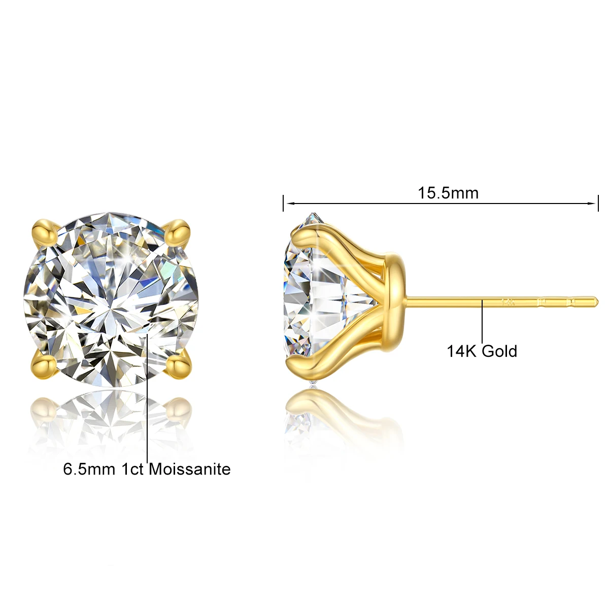 1pair 14K Gold Moissanite Stud Earrings for Women Simple Classical 4-Prong Lab Diamond Ear Stud Wedding Engagement Gift Jewelry 5