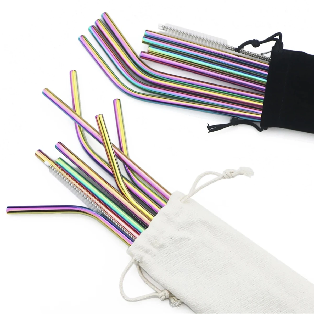 Metal straw set 8pcs colorful reusable drinking straw 304 stainless steel straws with brush bag bar cocktail for drinkware