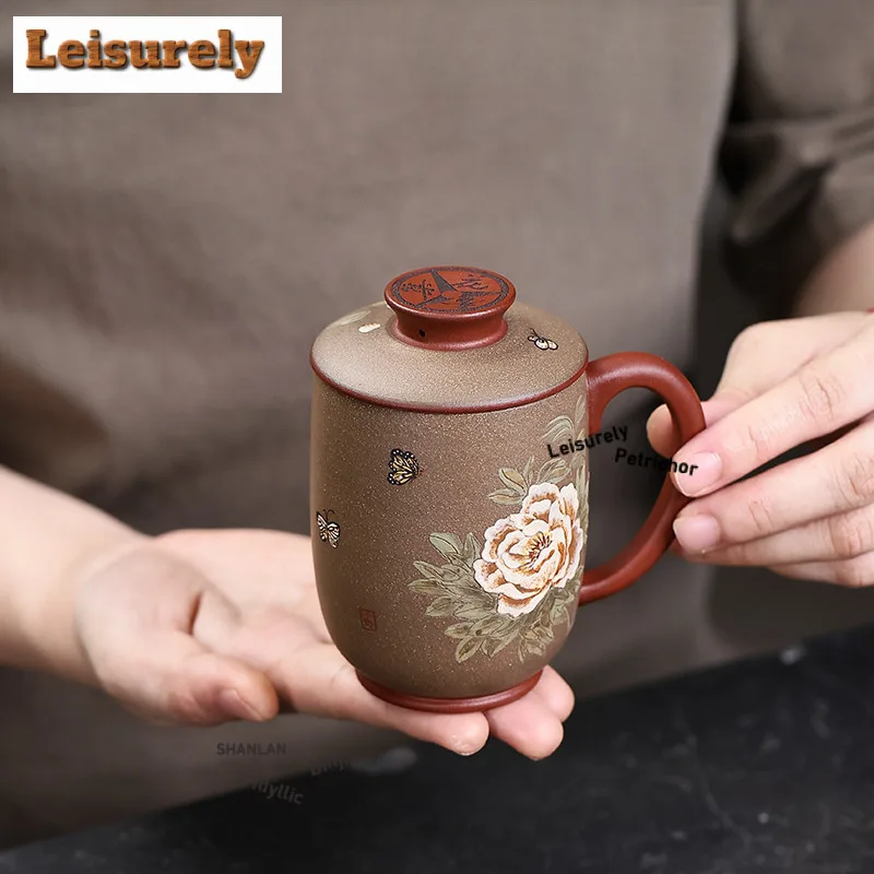 200ml Yixing Handmade Purple Clay Peony Coffee Mug Couple Handgrip Cups Afternoon Tea Mug Office Water Cup Tea Services Gift