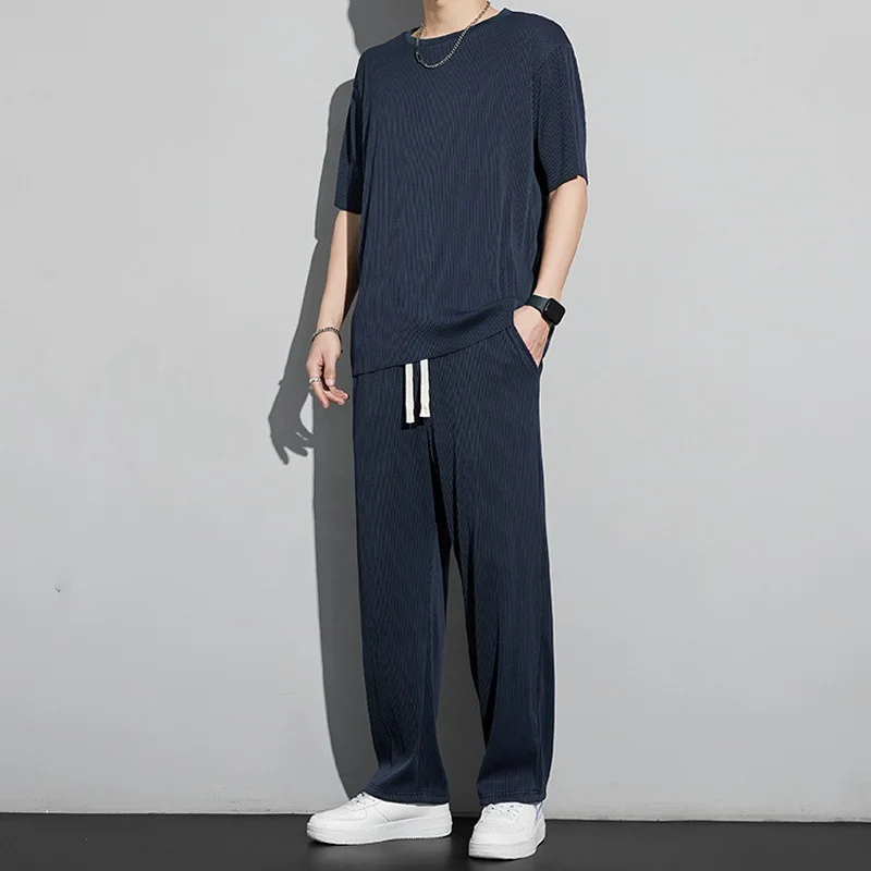 2024 Summer Men Casual Fashion Sporty Style Loose Office Trousers Solid Color Ice Shreds All-match Short Sleeved Two Piece Set