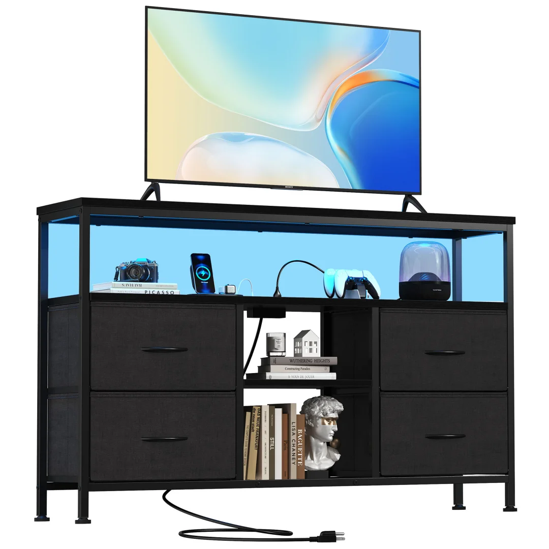 TV Stand, 4 Drawers, With LED Lights And Power Sockets, 50-inch TV Living Room Furniture, With Open Shelves And Adjustable Feet