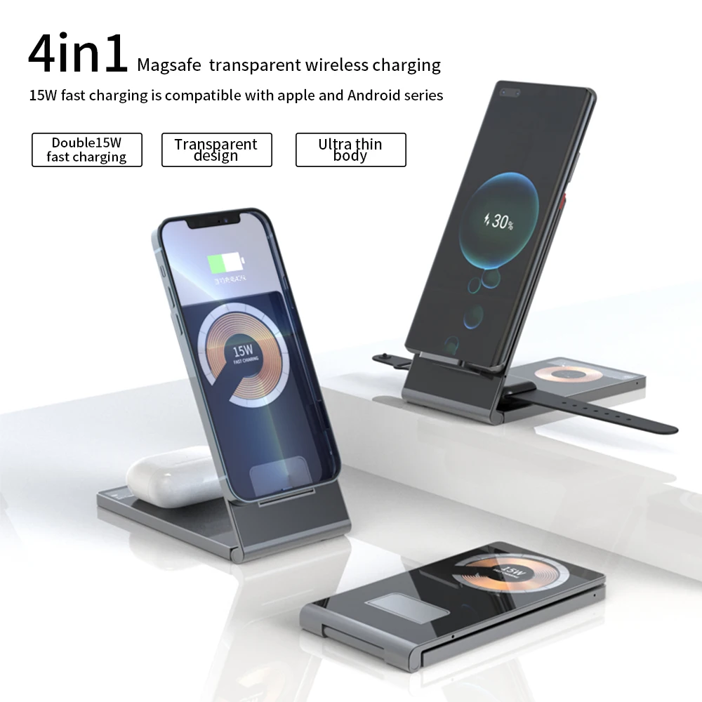 

4 IN 1 Magnetic Transparent Wireless Chargers 15W Fast Charging for iPhone 13 Pro Max and Samsung Smartphones,Airpods Pro,iWatch