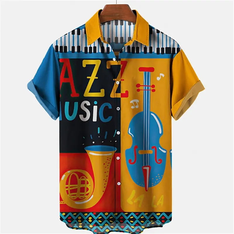 

Men's Guitar Instrument Cuffed Shirt Comfortable Outdoor Street Street Short Sleeve Button Print Clothing Fashion Designer Casua