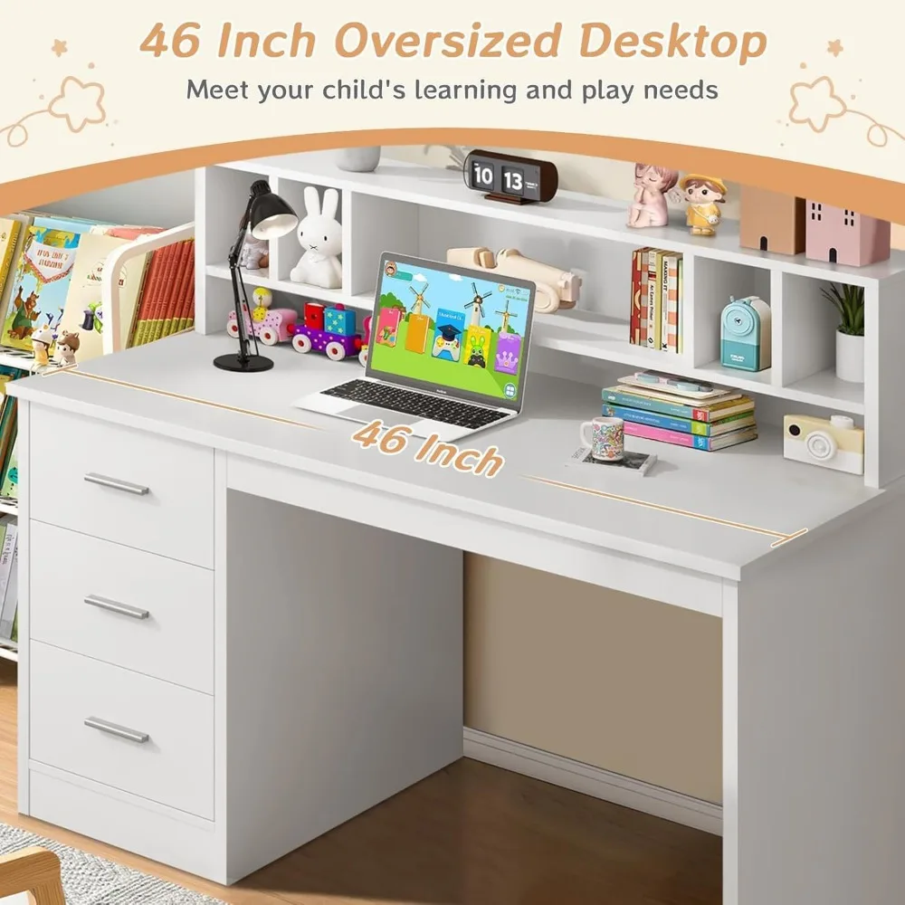 White Boys and Girls Desk with 3 Drawers, Wooden Kids Study Desk with Hutch, Drawing Writing and Learning Desk with Bookshelf 4