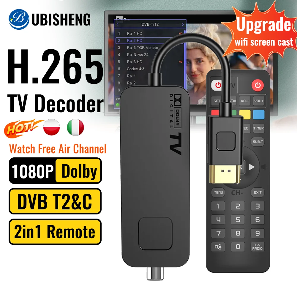 

DVB T2 DVB C Digital TV Decoder HEVC H.265 TV Tuner UBISHENG U3mini DVBT2 TV Stick FTA T2 TV Box with Dolby for Italy Poland