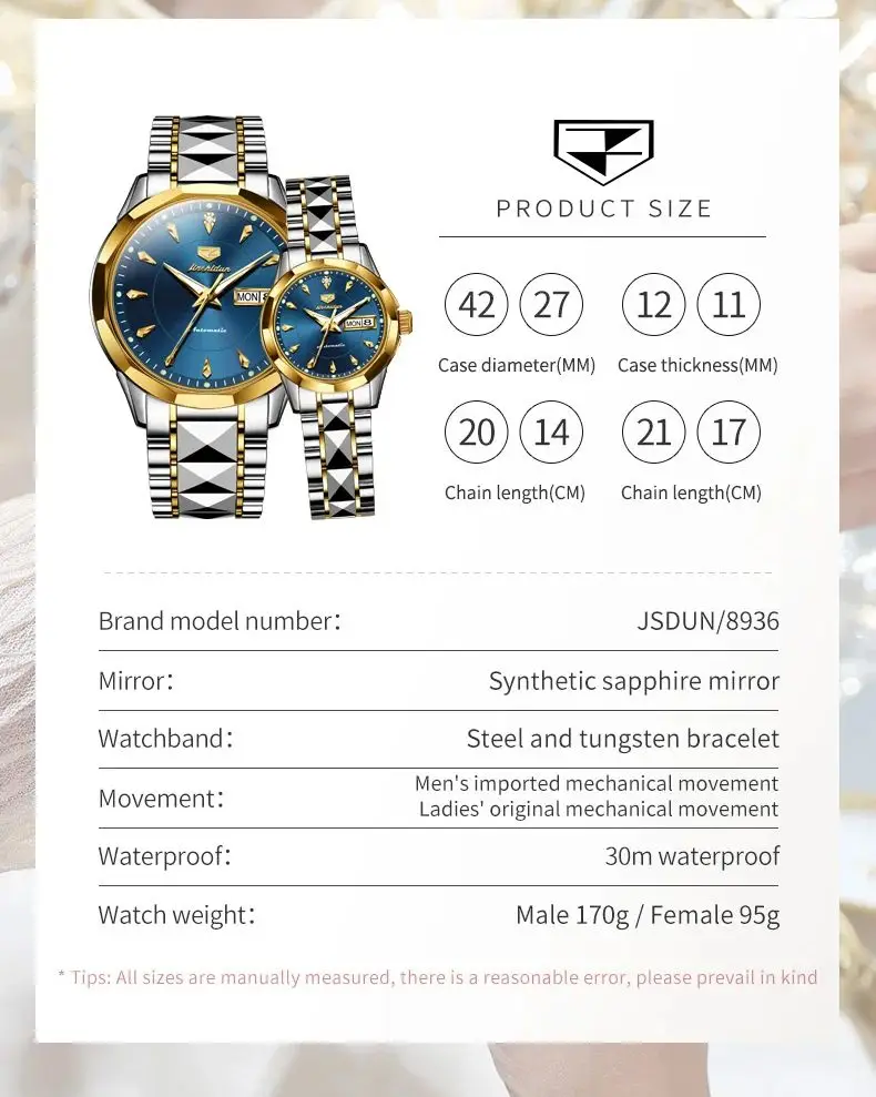JSDUN 8936 Automatic Watch Luxury Business Mechanical Couple Watches Week Calendar Display Fashion Waterproof Dress Wristwatch