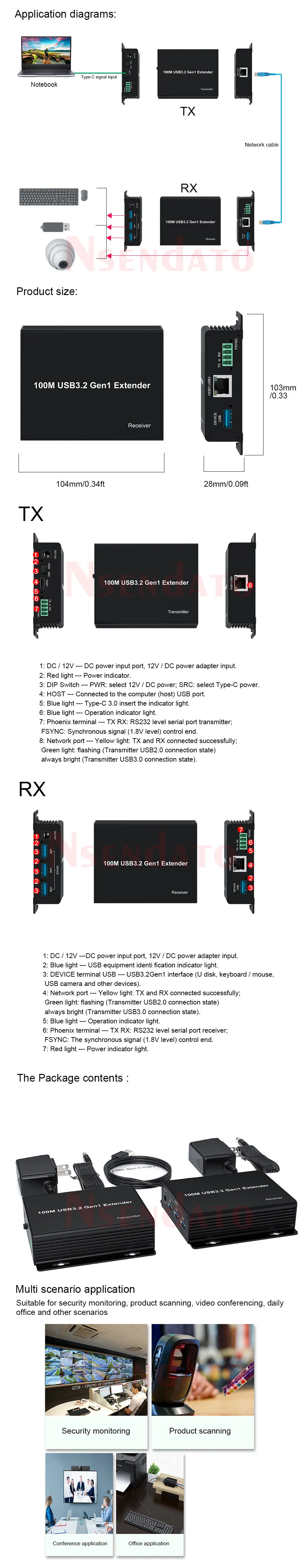 USB3.0 Extender 100M 4 Port USB 3.2 Gen 1 Extender over Rj45 Cat6 5Gbps High-Spe