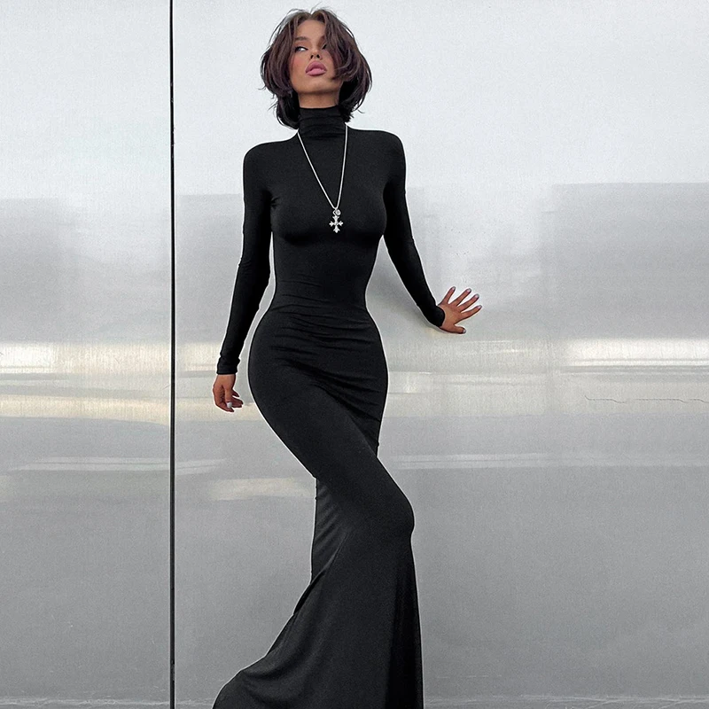 

Clinkly Maxi Bodycon Dress Women Long Sleeve Outfits Elegant Fashion Sexy Party Evening Club Wrap Black Winter Dress Turtleneck