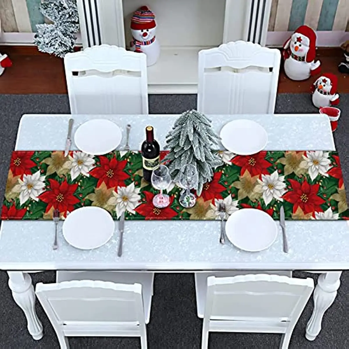 Christmas Poinsettia  Table Runner Linen   Fake Kitchen Dining Decor for Indoor Outdoor Home Wedding Party