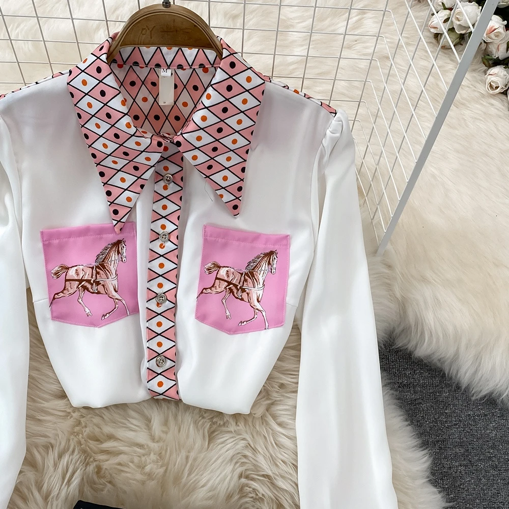 CM.YAYA Vintage 3D Geometrial Printed Women Long Sleeve Shirt and Bodycon Midi Mini Skirt Suit Street INS Two 2 Piece Set Outfit