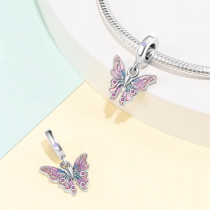 100% 925 Sterling Silver Fashion Princess Pink Bow Charms Beads Fit Pandora 925 Original Bracelets DIY Jewelry Anniversary Gifts
